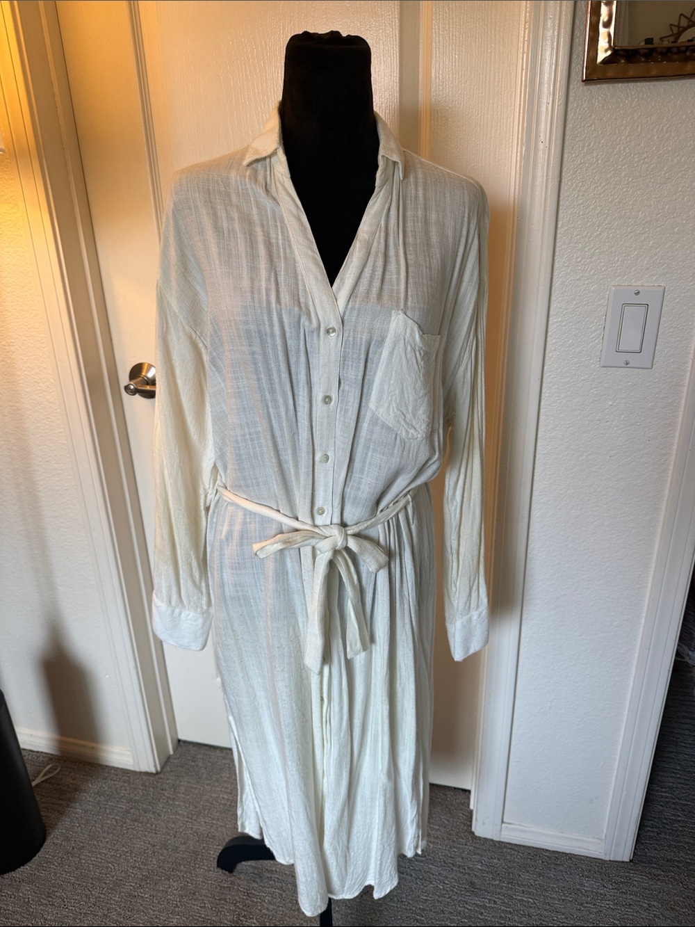 L*Space Lightweight Ivory Button-Front Shirt Dress with Tie Waist